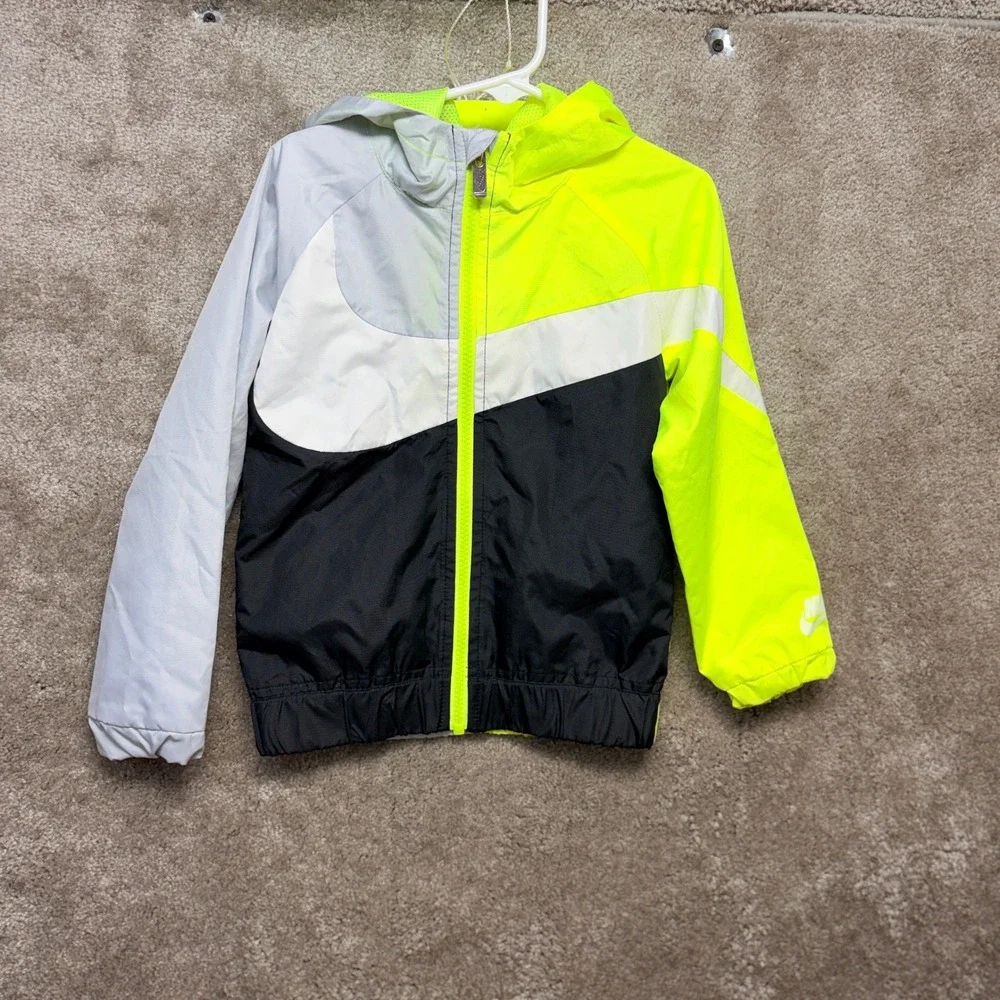 Nike Boys Windbreaker Jacket Volt Yellow Grey Black Big Swoosh Sz 4 XS E884-364